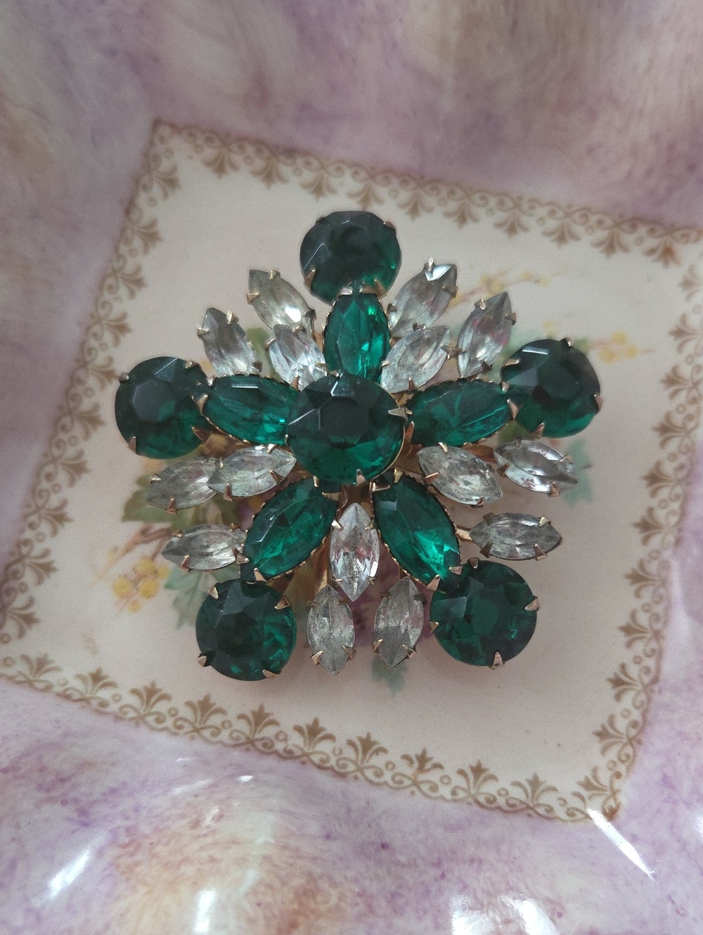 Emerald Green Rivetted Crystal Flower Brooch